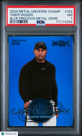 2024 Skybox Metal Universe Champions Tiger Woods #102 Blue Precious Gems PSA 7
